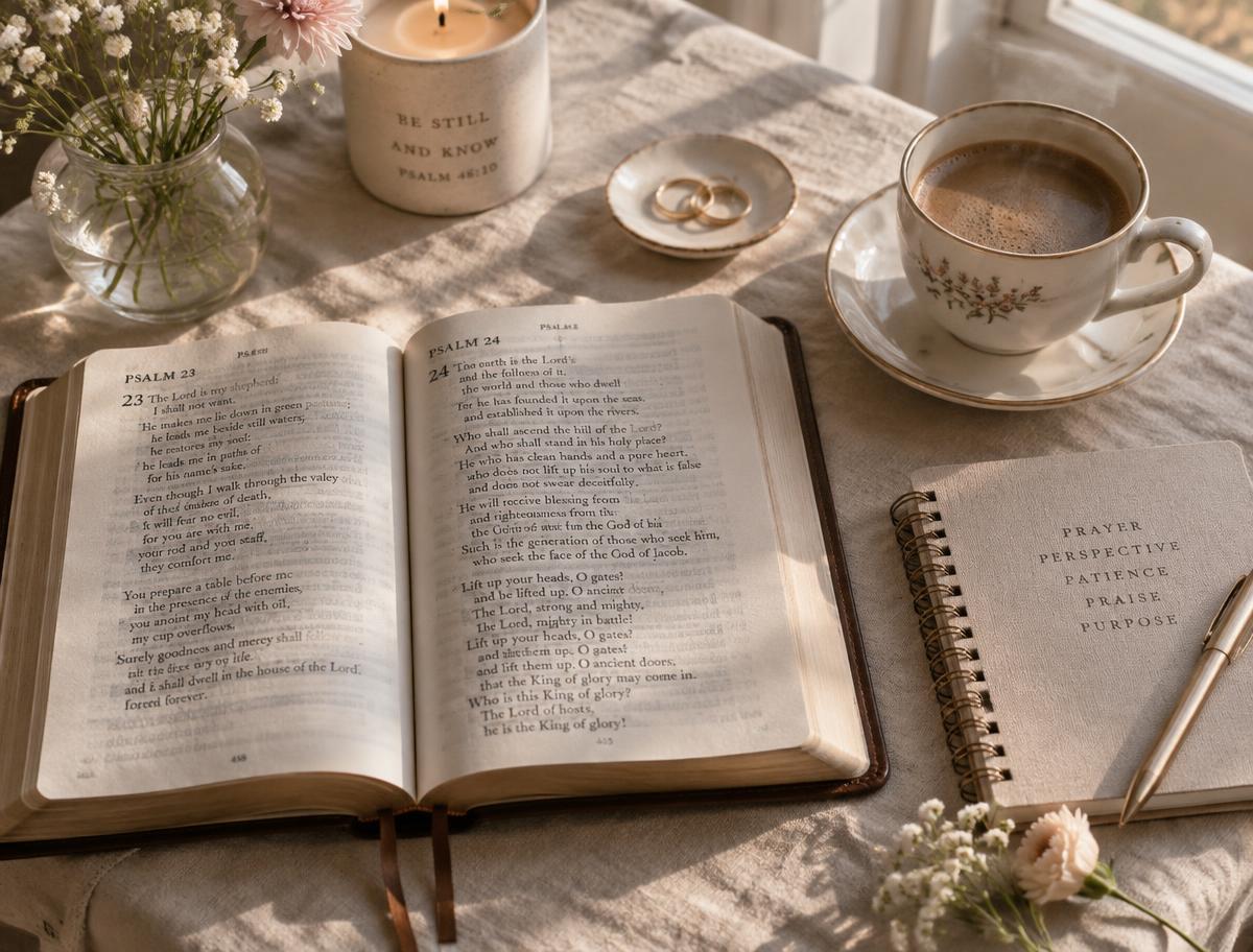 Bíblia aberta sobre a mesa com xícara de café, caderno de devocional e flores delicadas